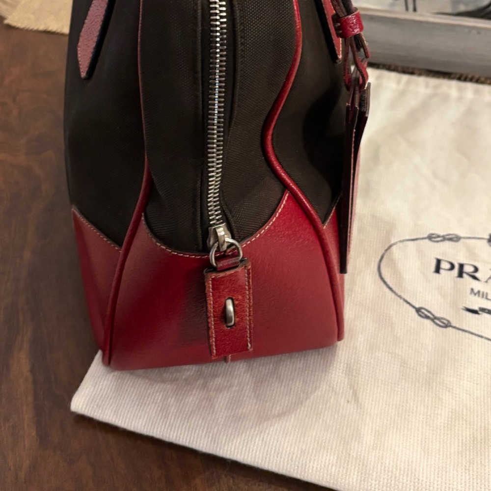 Prada Red and Brown Leather & Canvas Satchel 100% Authentic - Picture 6 of 15